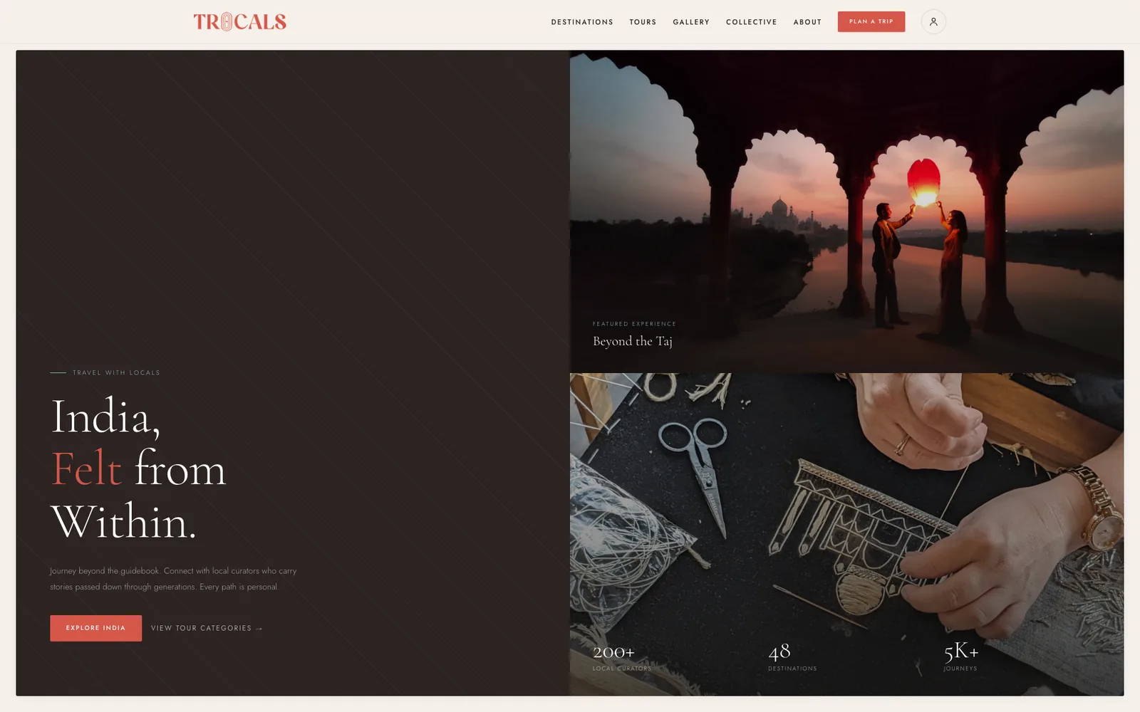 The trocals.com homepage: 'India, felt from within', with featured experiences.